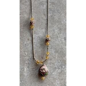 Vintage Cut Glass & Painted Metal Boho Necklace 16”